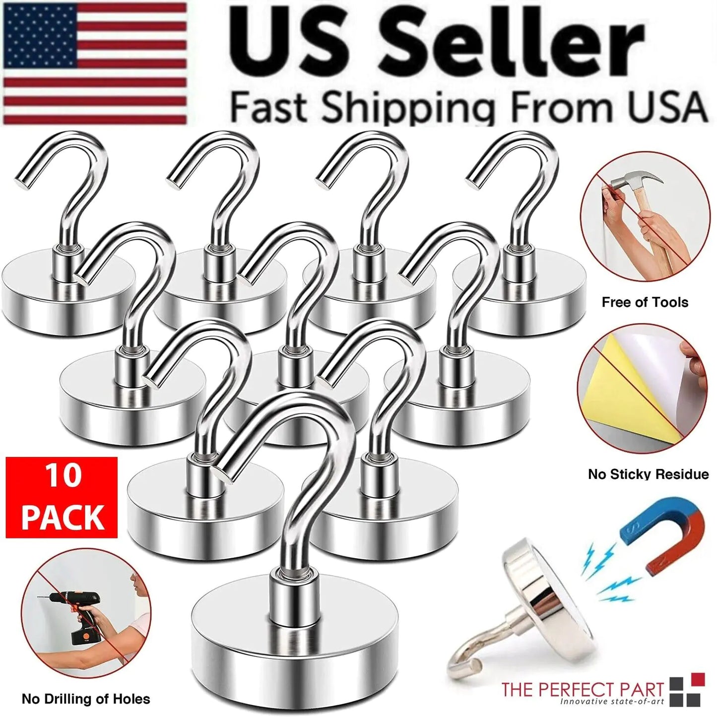 10 Pack Dia Strong Magnetic Hook Hanger N52 Neodymium Clamping Magnet Hooks USA